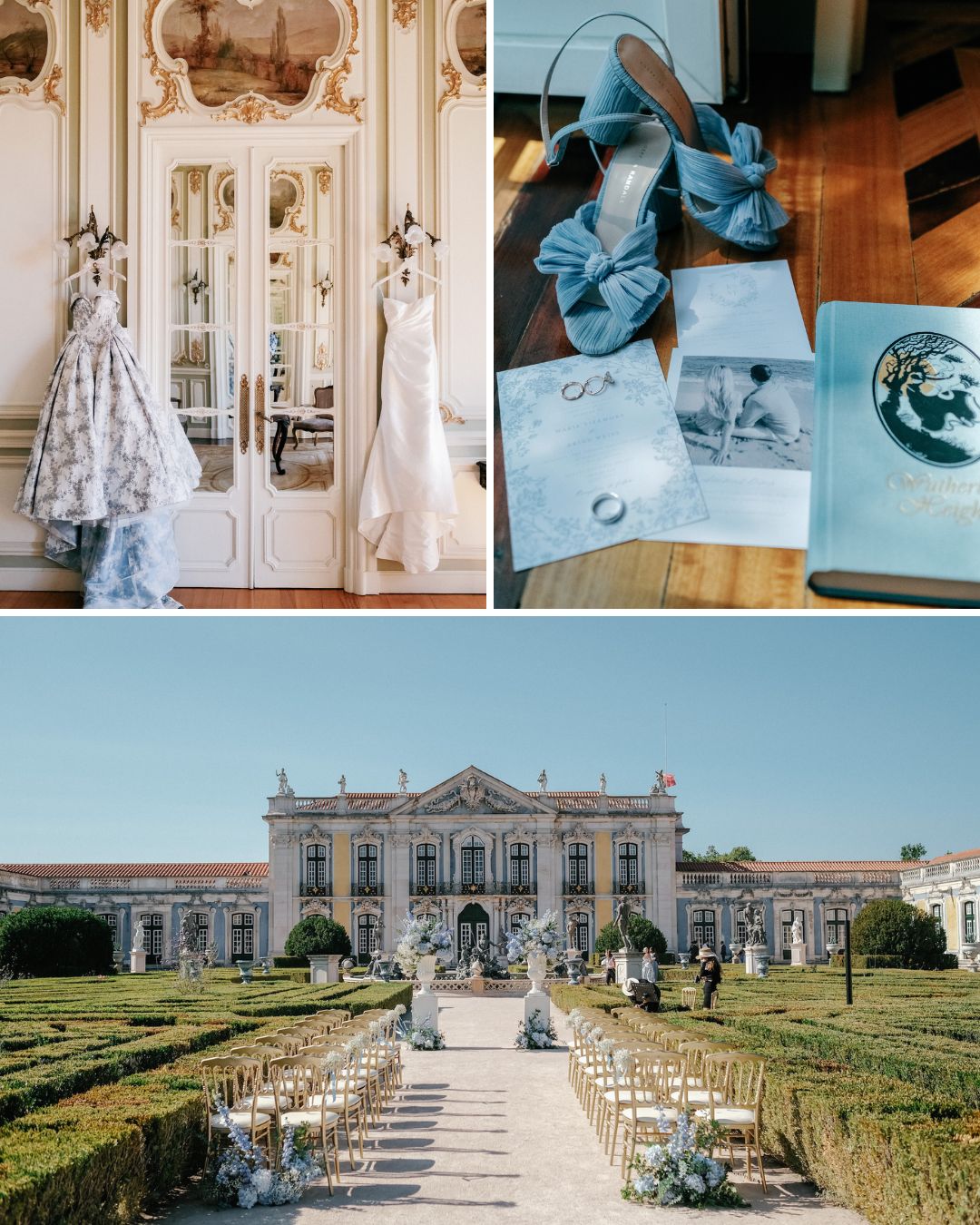 Collage with wedding dresses on hangers, blue shoes and rings on a table, and an outdoor wedding ceremony setup in front of a grand palace.