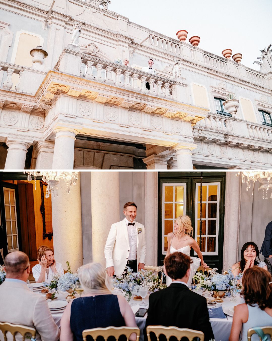 A group of people dressed formally sit around an outdoor dining table in front of an ornate, historic building.
