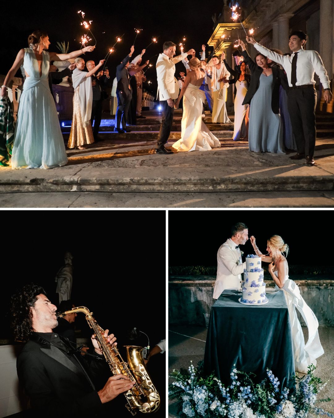 A wedding celebration with guests dancing, a saxophonist performing, and a bride and groom cutting their cake outdoors at night.