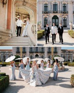 Three photos show a wedding party at a grand palace: a couple on stairs, three men walking, and women in gowns holding parasols and the bride’s dress outside.