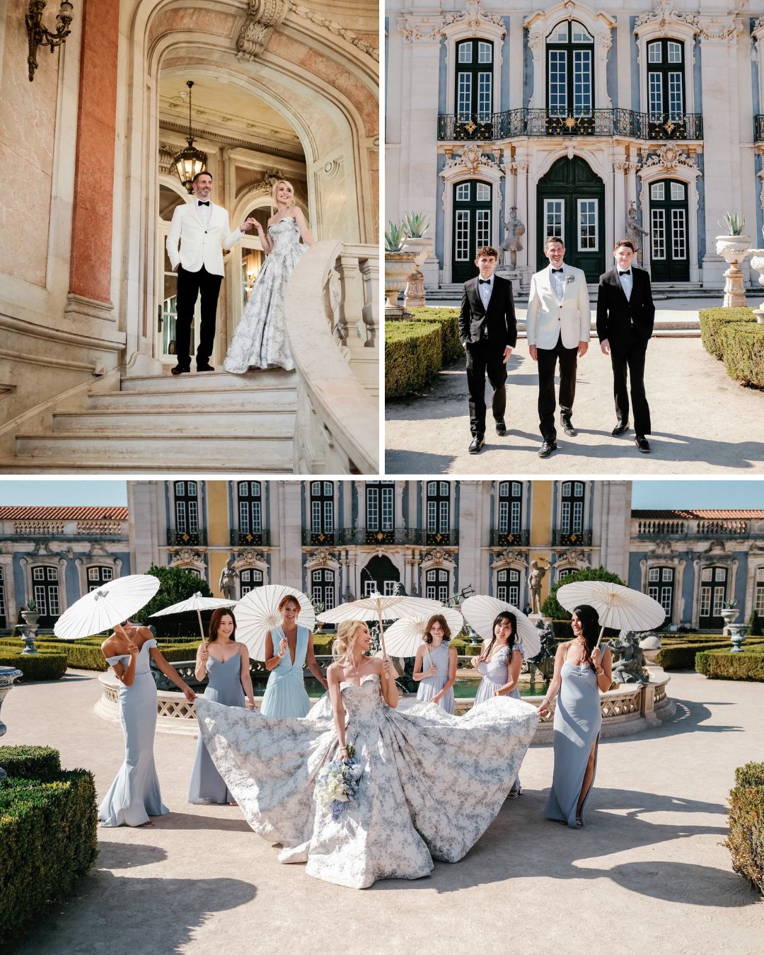 Three photos show a wedding party at a grand palace: a couple on stairs, three men walking, and women in gowns holding parasols and the bride’s dress outside.