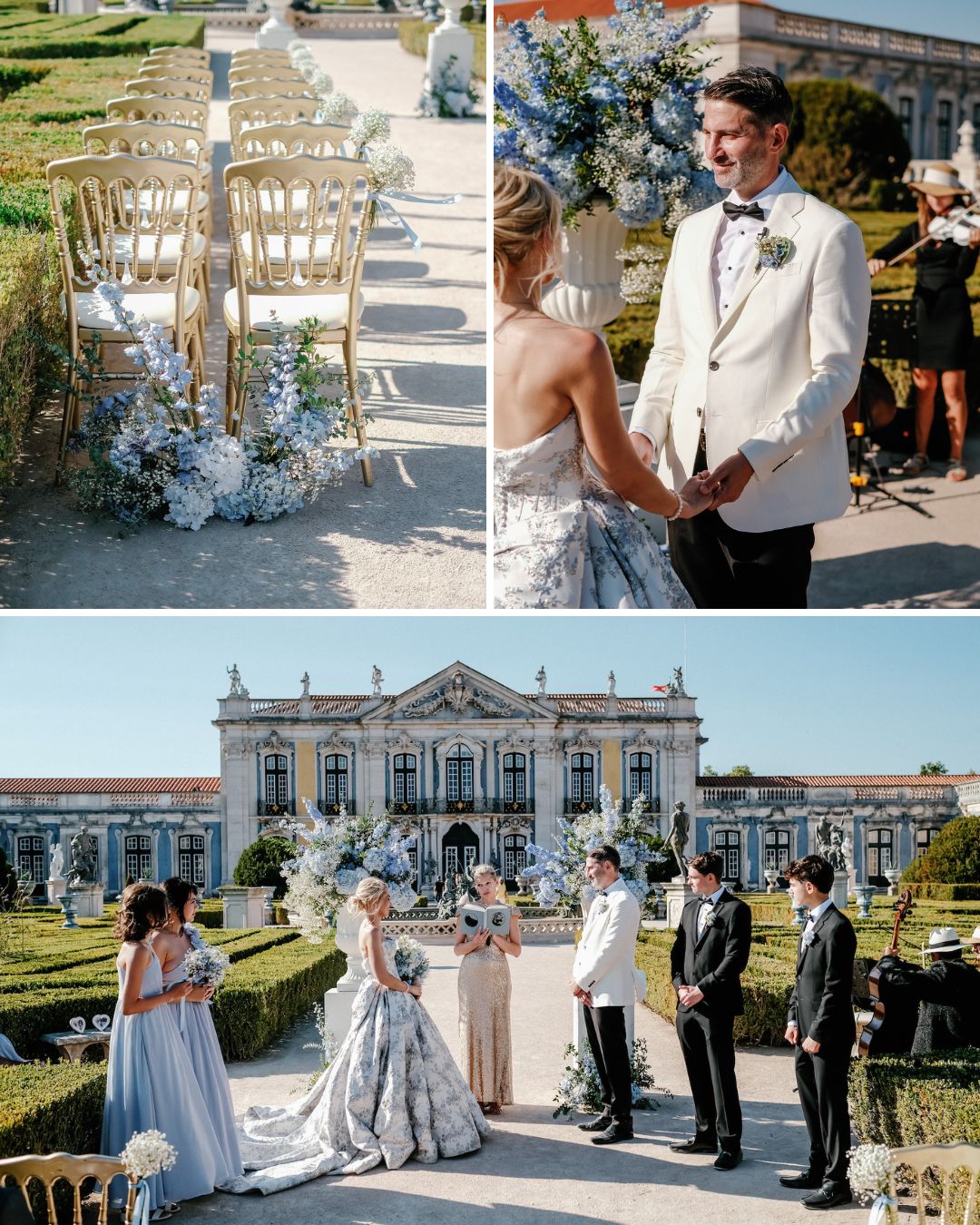 An outdoor wedding ceremony in a formal garden, with decorated chairs, a bride and groom exchanging vows, and attendants standing nearby in front of a grand building.