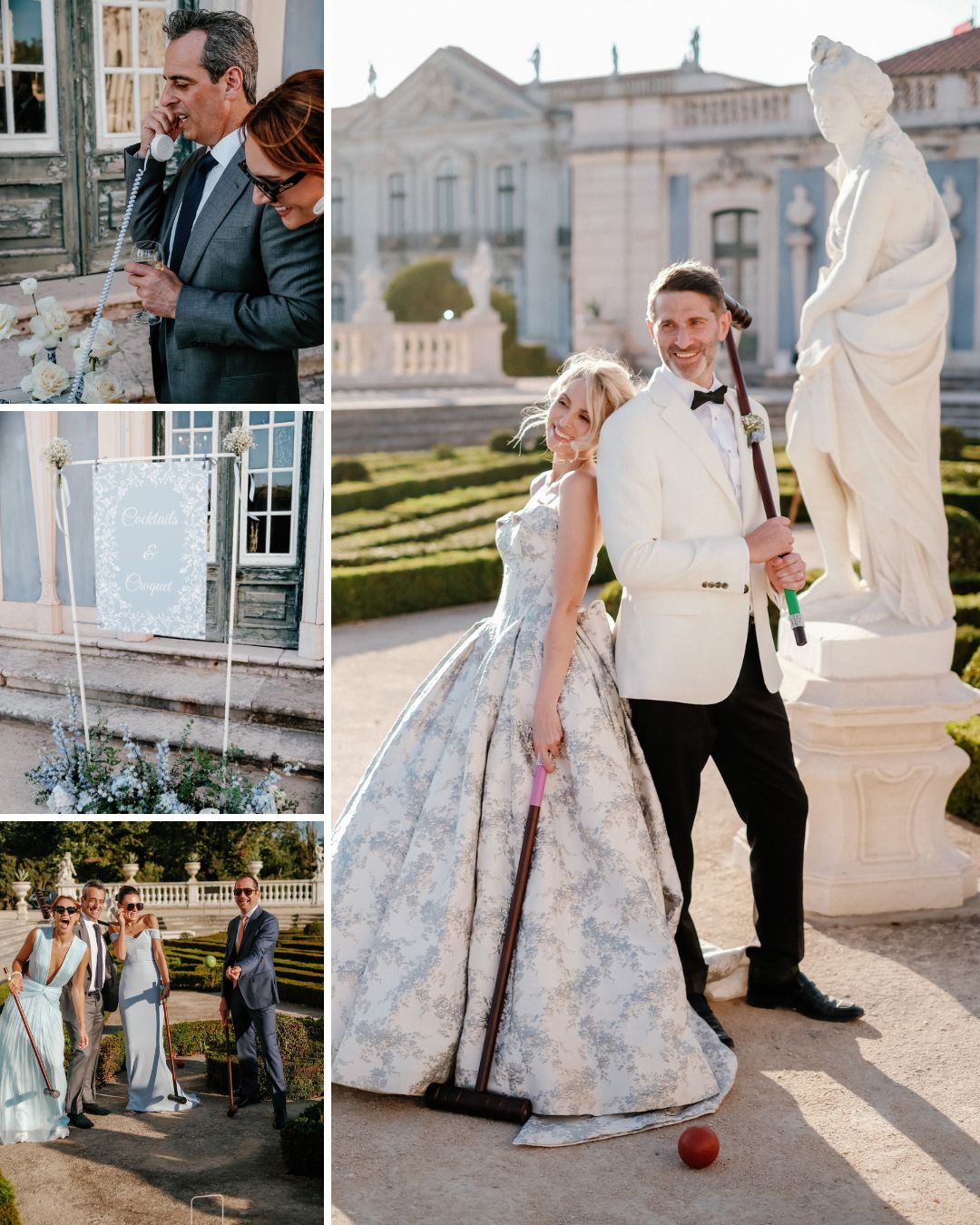 A couple in formal attire poses with croquet mallets at a garden estate. Smaller images show guests, floral arrangements, a welcome sign, and people playing croquet outdoors.