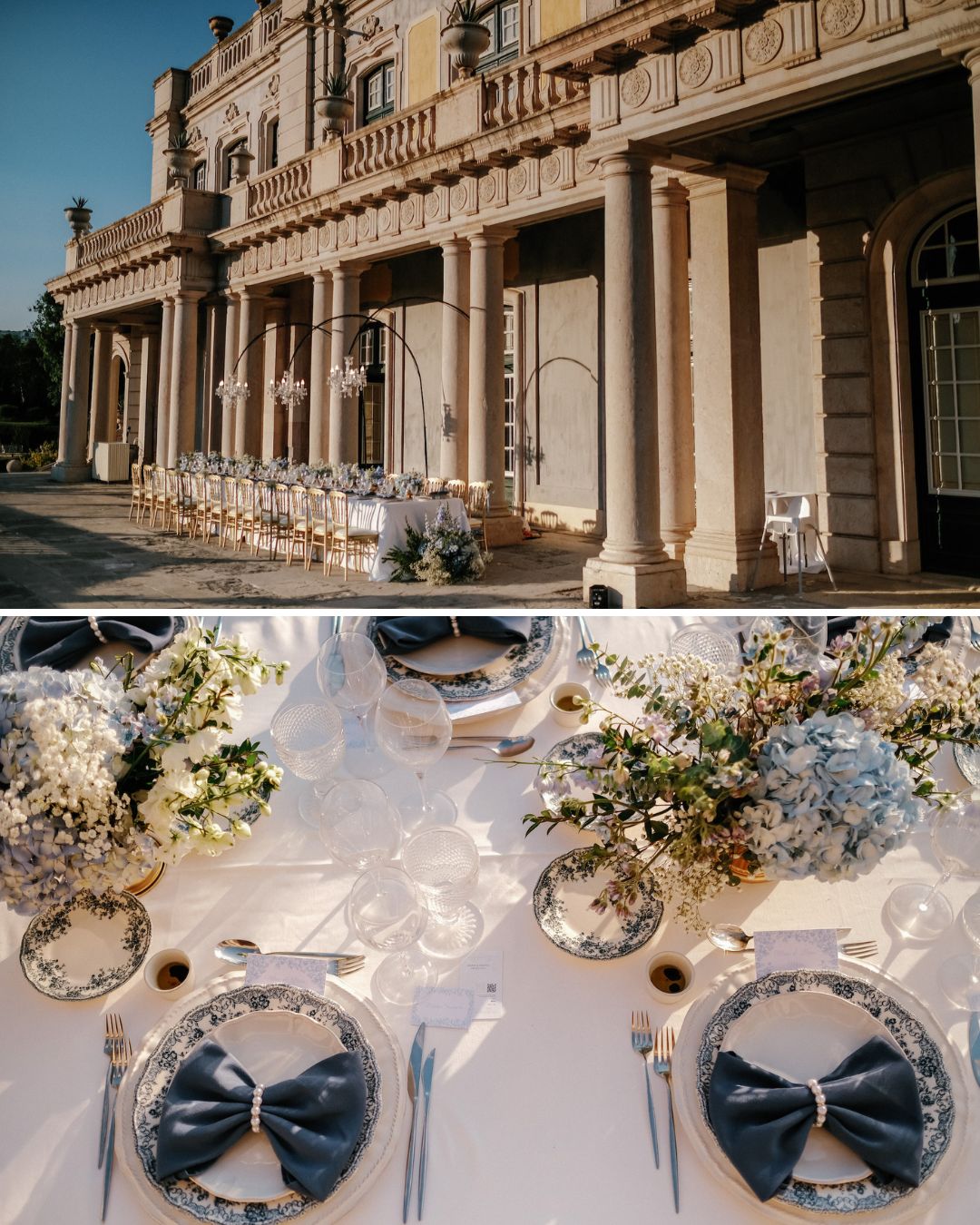 An outdoor table setup with elegant place settings, white flowers, and navy napkins is arranged in front of a grand classical building with columns.