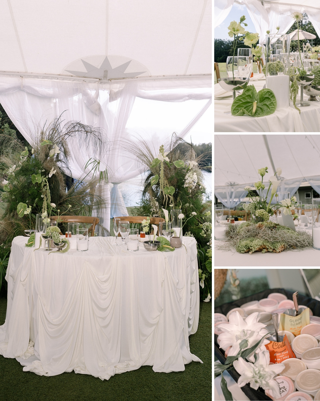 A white-draped wedding table with green and white floral arrangements, set outdoors under a tent, with close-ups of elegant centerpieces and table settings.