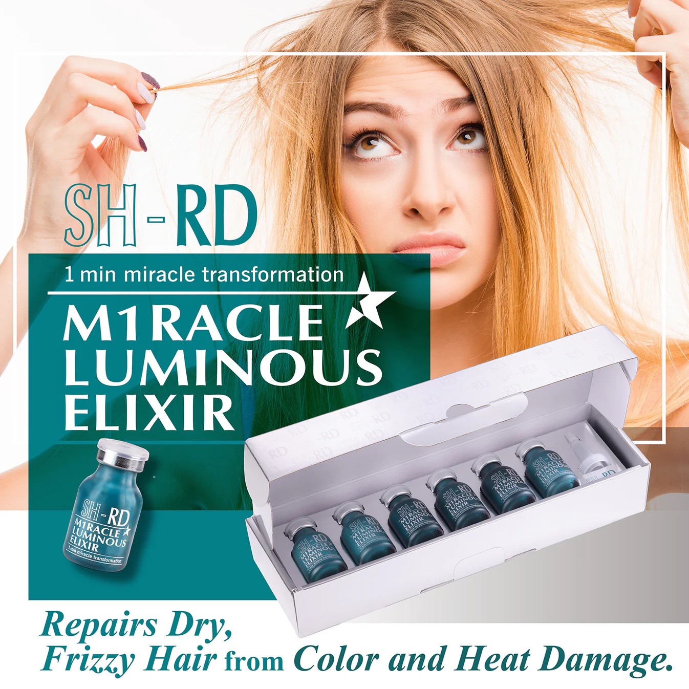 A woman examines her frizzy hair above a box of SH-RD Miracle Luminous Elixir vials; text highlights repair for dry, frizzy hair from color and heat damage.