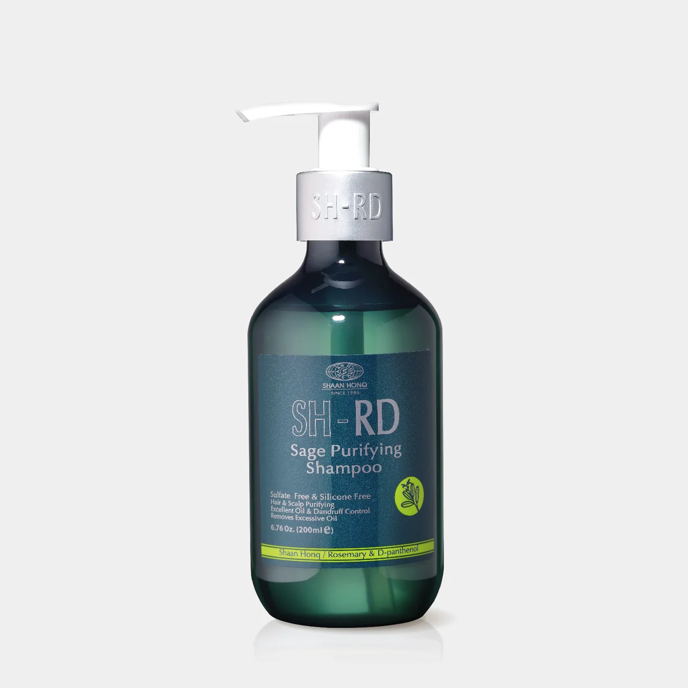 A green bottle of SH-RD Sage Purifying Shampoo with a pump dispenser, set against a plain light background.