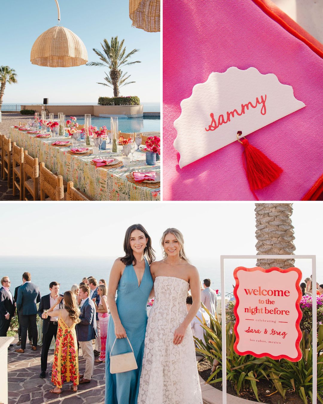 Outdoor event with decorated table, a name card reading "Sammy," two women posing, and a welcome sign that says "welcome to the night before." Ocean and palm trees in the background.