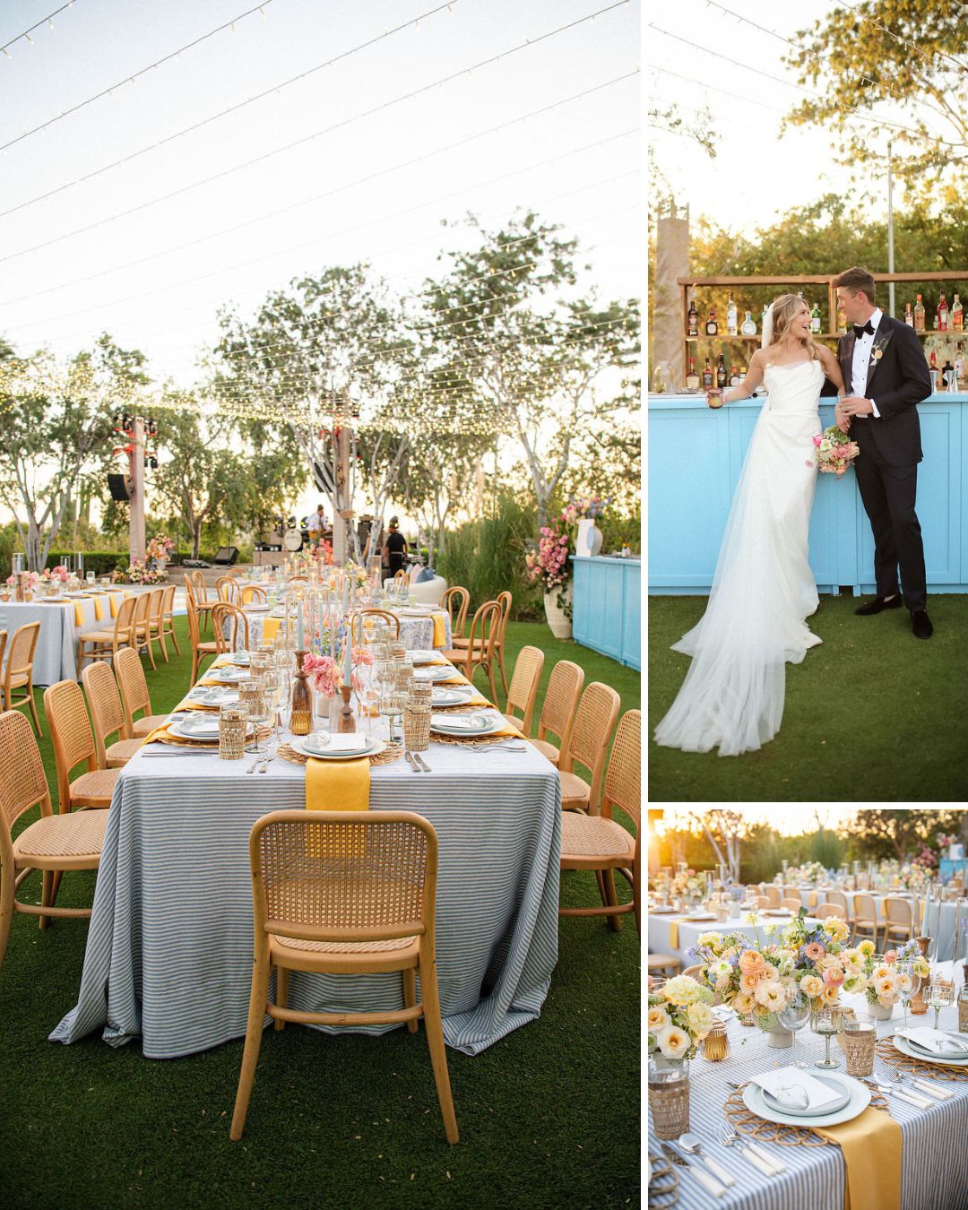 An outdoor wedding reception with long tables set for guests, and a bride and groom standing together by a blue bar.