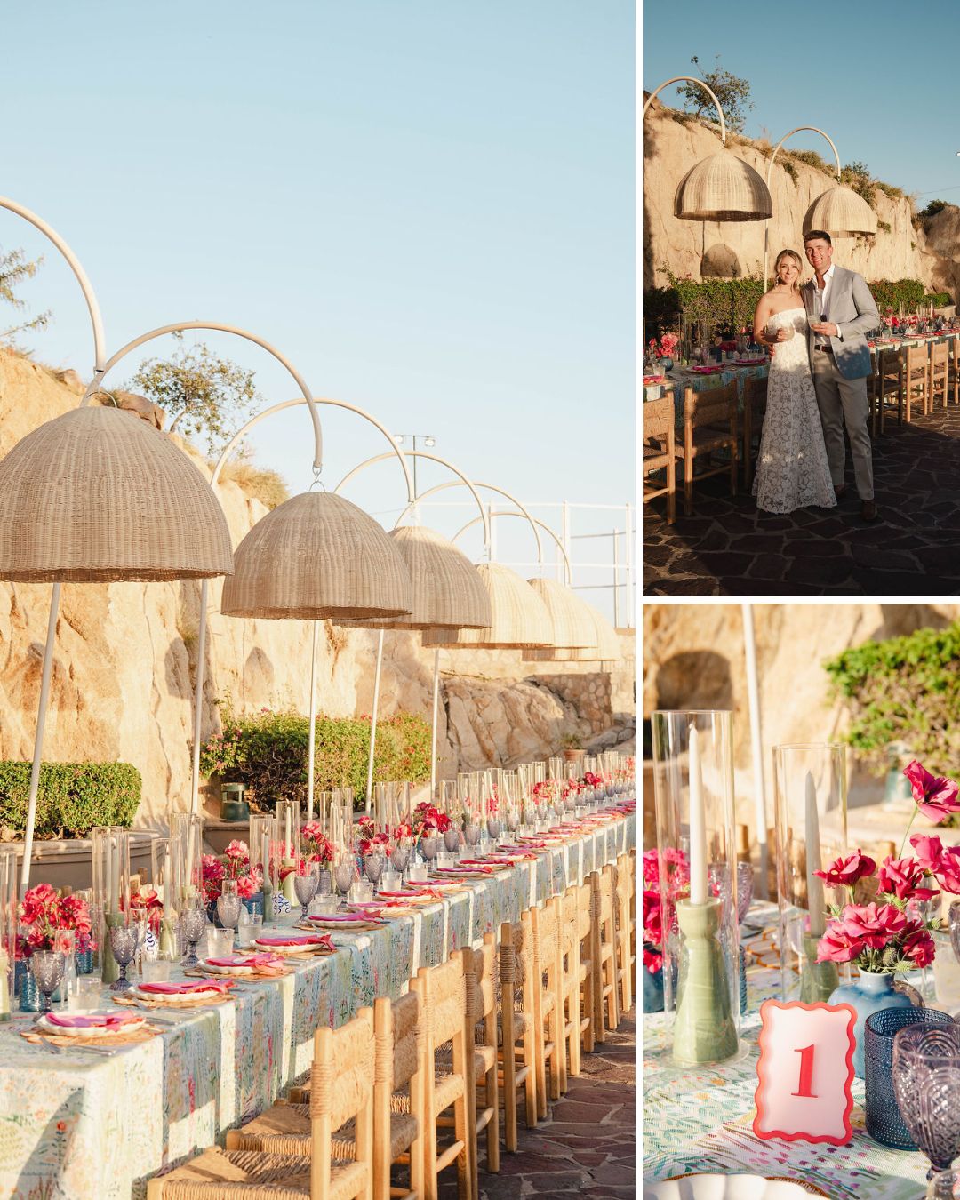 Outdoor wedding reception with long banquet tables set for guests, decorated with red flowers, wicker lamps, and a couple posing beside a table with a "1" number card.