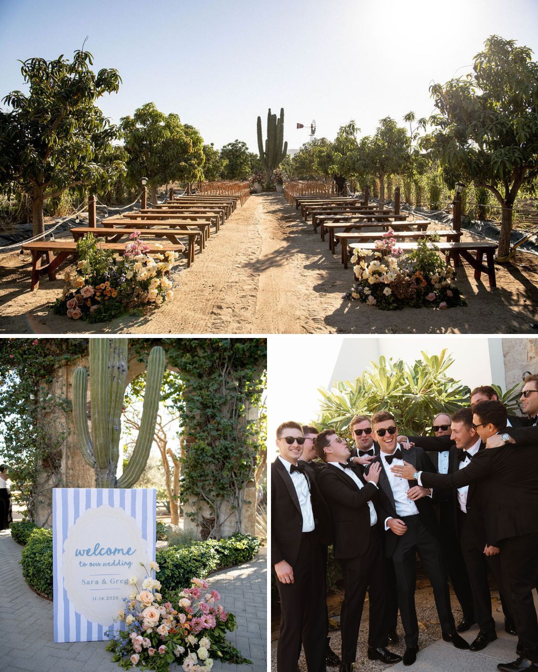 Outdoor wedding setup with wooden benches and floral arrangements, a welcome sign with flowers, and a group of men in black suits posing together.