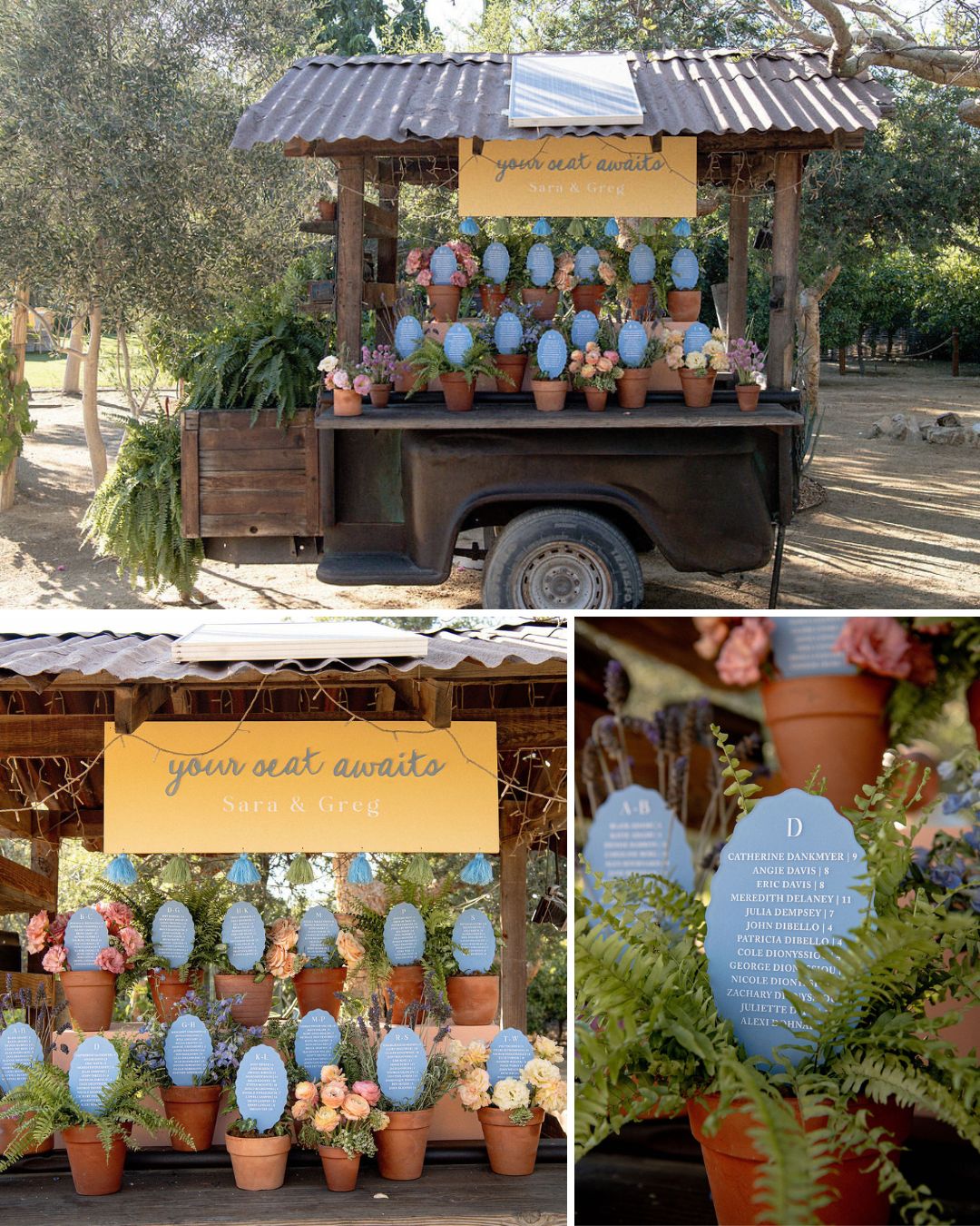 Outdoor display with small flower pots and blue oval cards arranged on a trailer, under a yellow sign reading "your seat awaits," surrounded by greenery and flowers.