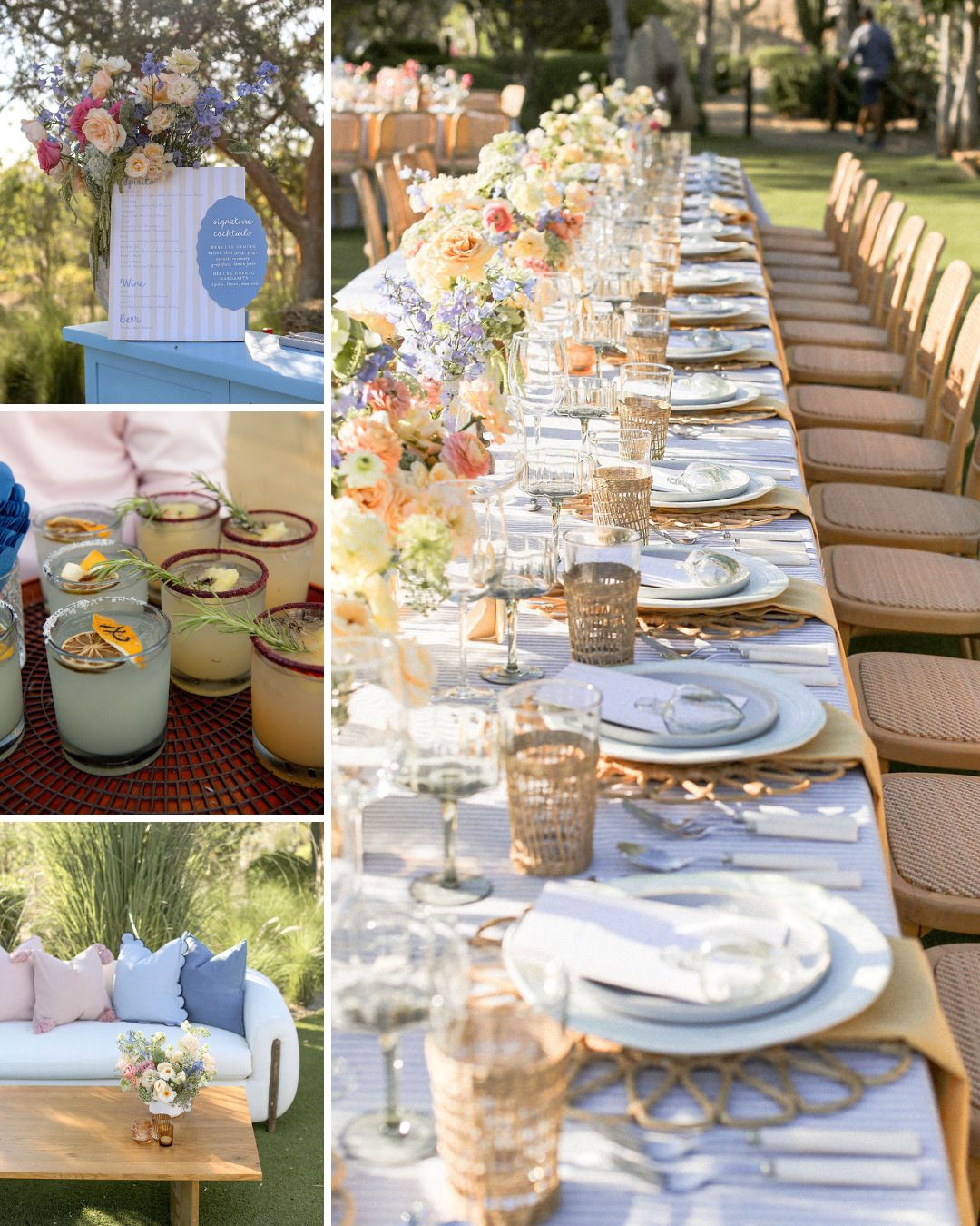 Outdoor event setup with a long dining table, pastel floral arrangements, assorted desserts, a decorated cake, and a seating area with cushions.