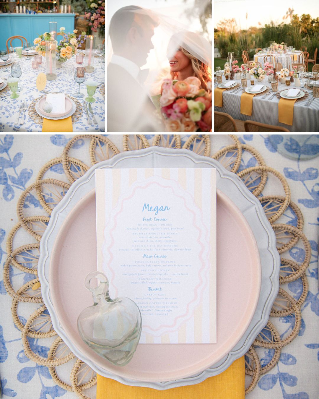 Collage of a wedding table setup, bride holding flowers, outdoor dining scene, and a place setting with a menu and glass heart on a patterned tablecloth.