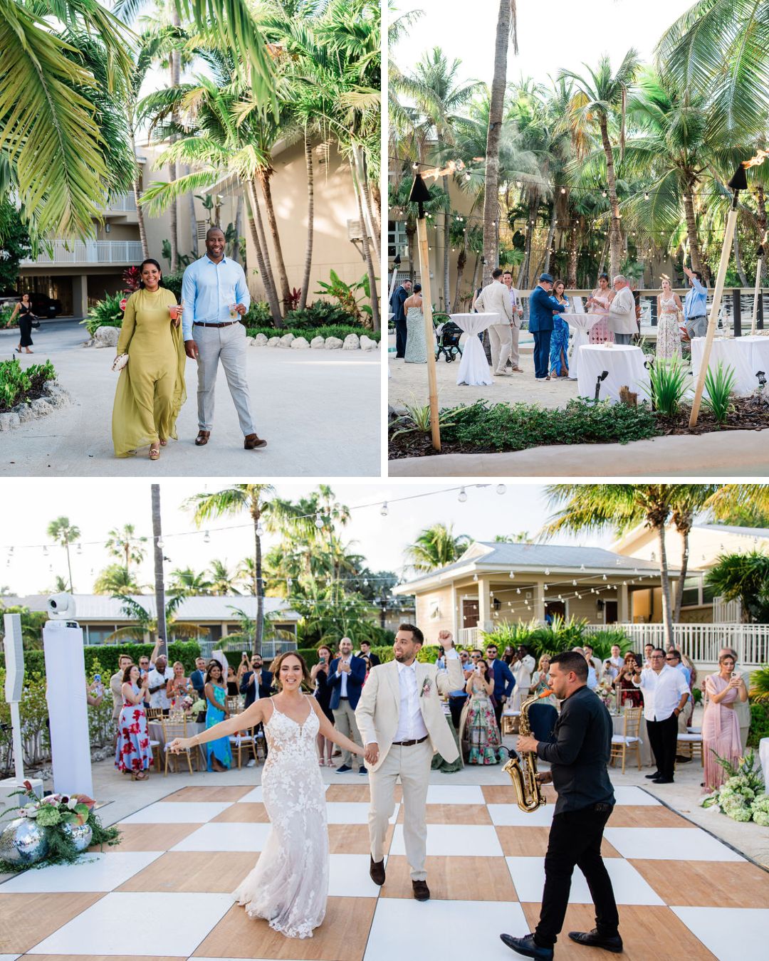 Three photos show a tropical outdoor wedding: guests entering, people mingling, and a bride and groom holding hands on a checkered dance floor with a saxophonist performing nearby.