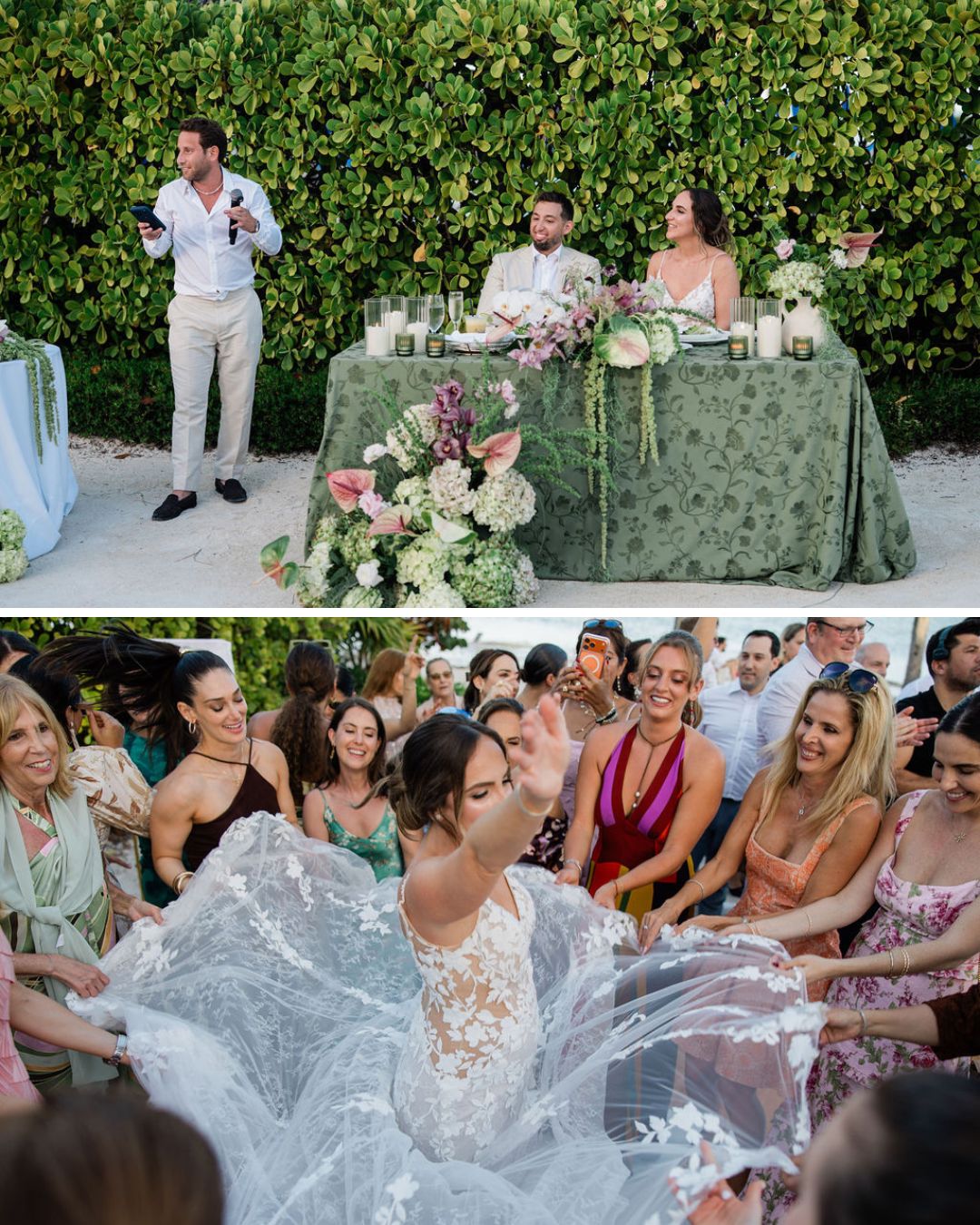 A man gives a speech beside a bride and groom at a decorated table; below, the bride dances in a circle of smiling guests.