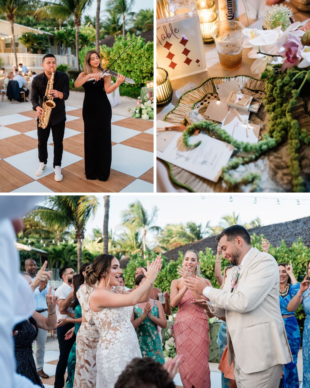 Three photos: a saxophonist and singer perform, a close-up of wedding table decor, and a bride and groom dancing outdoors with guests.