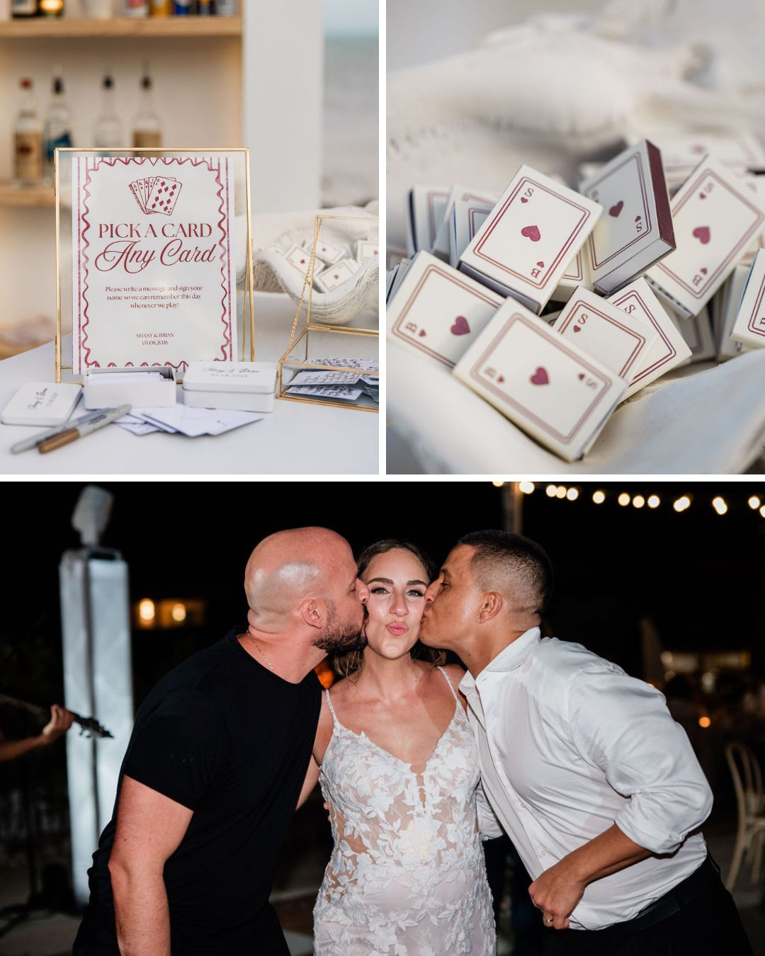 A collage shows a wedding invitation, playing cards in a box, and two men kissing a smiling bride on each cheek at an outdoor night event.