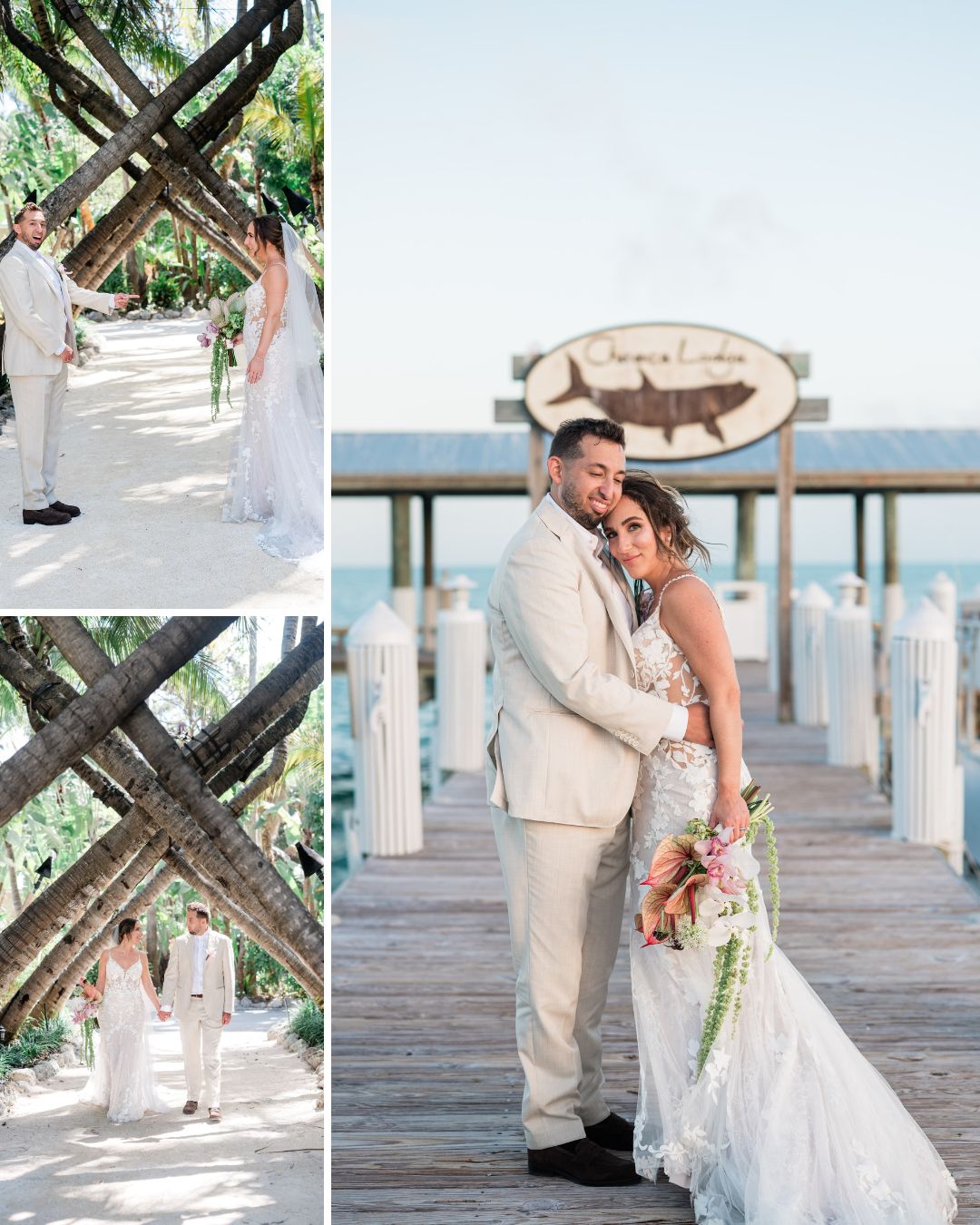 A bride and groom in wedding attire stand together outdoors under palm trees and on a wooden dock by the water.