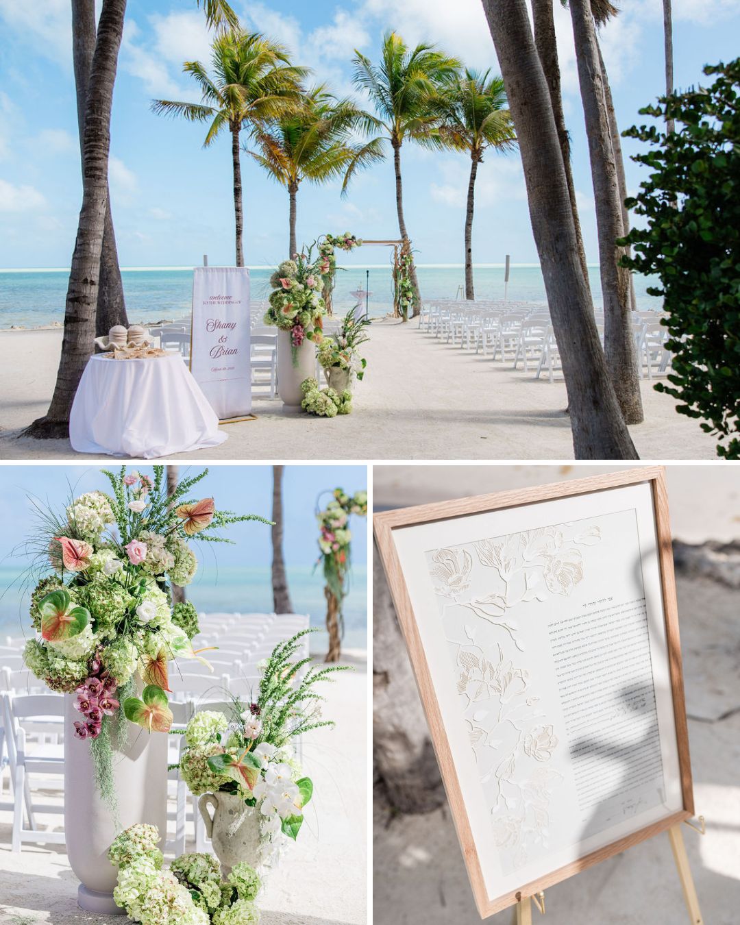 Cheeca Lodge wedding setup with white chairs, floral arrangements, palm trees, and a framed sign, under a blue sky.
