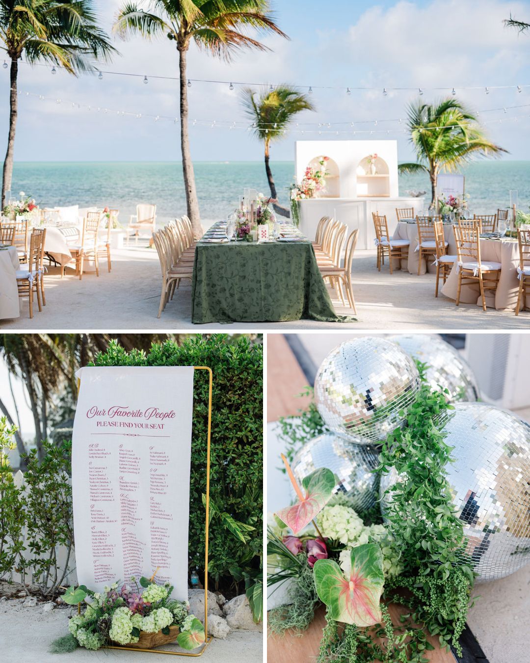 Outdoor beachside event setup with dining tables, a seating chart with floral decor, and a close-up of mirrored spheres and greenery, under palm trees by the sea.