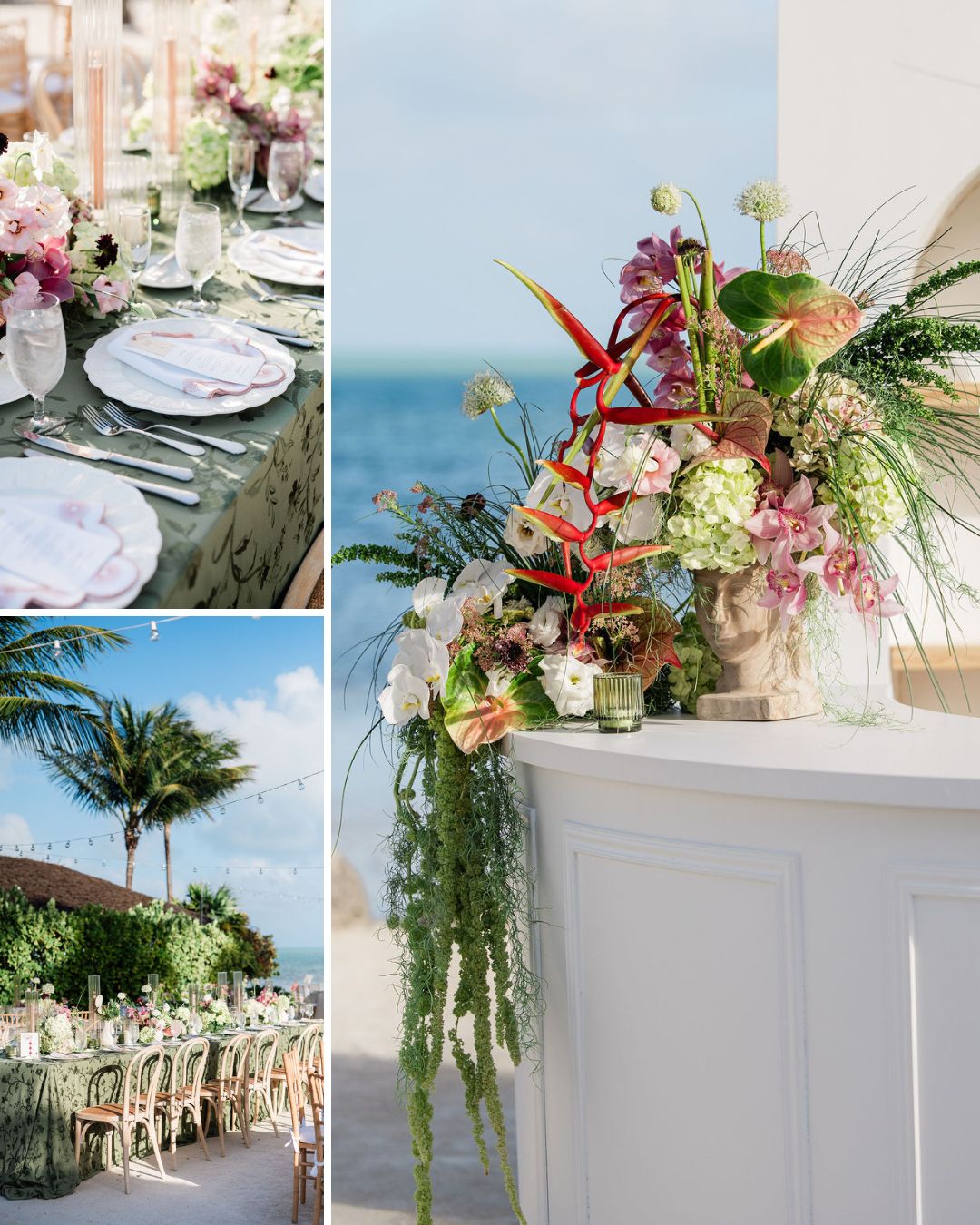 Collage of elegant outdoor table settings with floral centerpieces and a decorated white bar near the ocean under a clear blue sky.