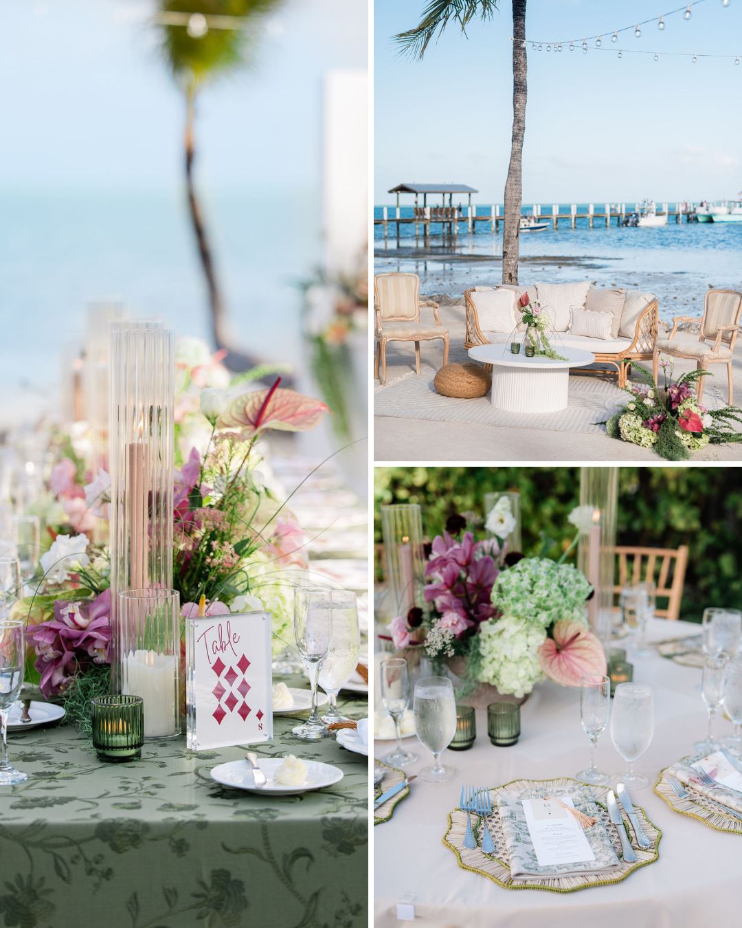 Three photos show an elegant beachside event setup with floral centerpieces, decorated tables, lounge seating, and ocean views under clear skies.