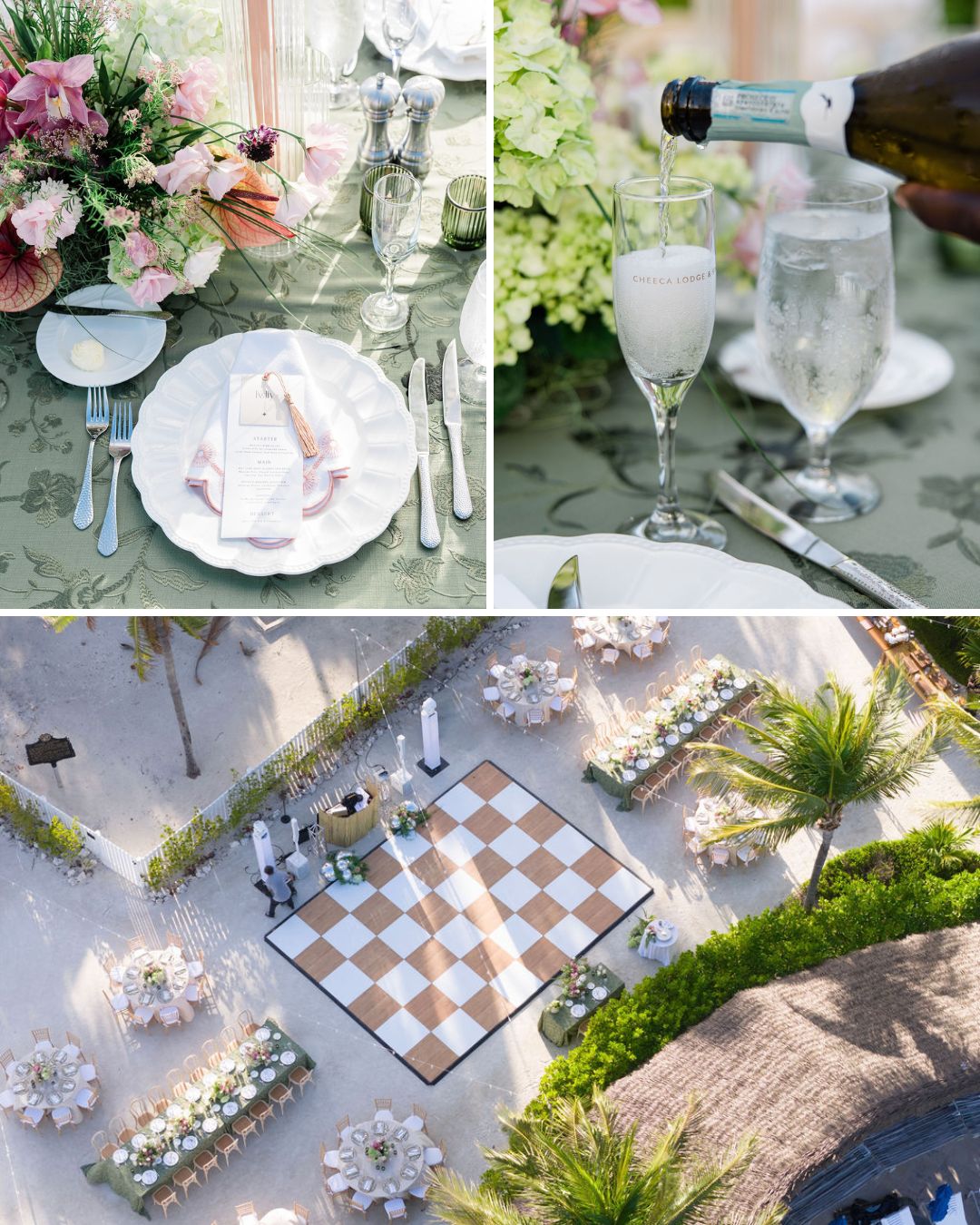 Elegant outdoor wedding setup with flower arrangements, formal table settings, champagne being poured, and a central checkerboard dance floor seen from above.