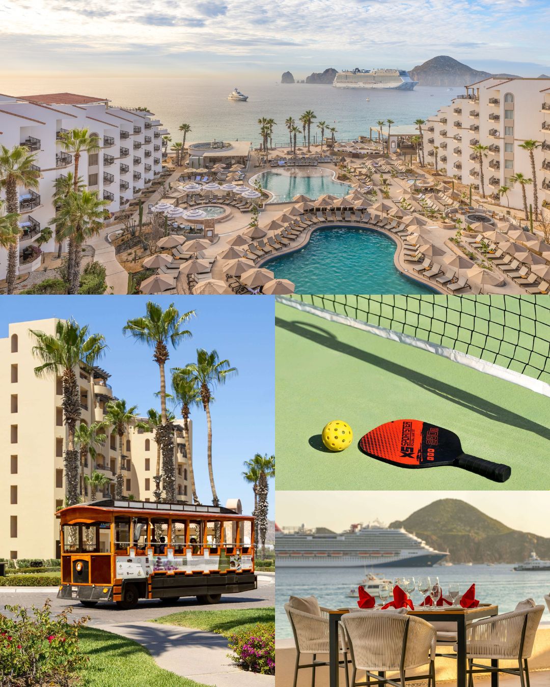 Collage of Villa del Palmar Los Cabos, an all-inclusive resort in Mexico. The images show two pools and their ocean view, a trolley car, a pickleball paddle and ball on court, and an outdoor dining table set by the sea.