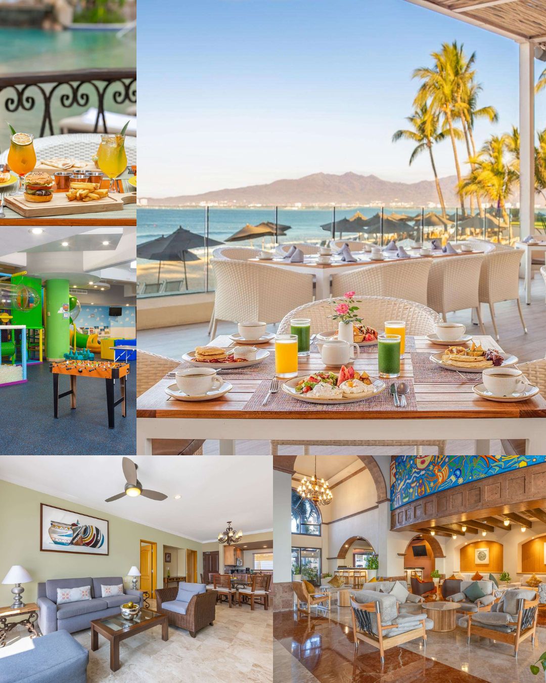 Collage of Villa del Palmar Flamingos' beachfront restaurant with breakfast, ocean view, indoor lounge, kids play area with foosball table, and a dining area with chandeliers.