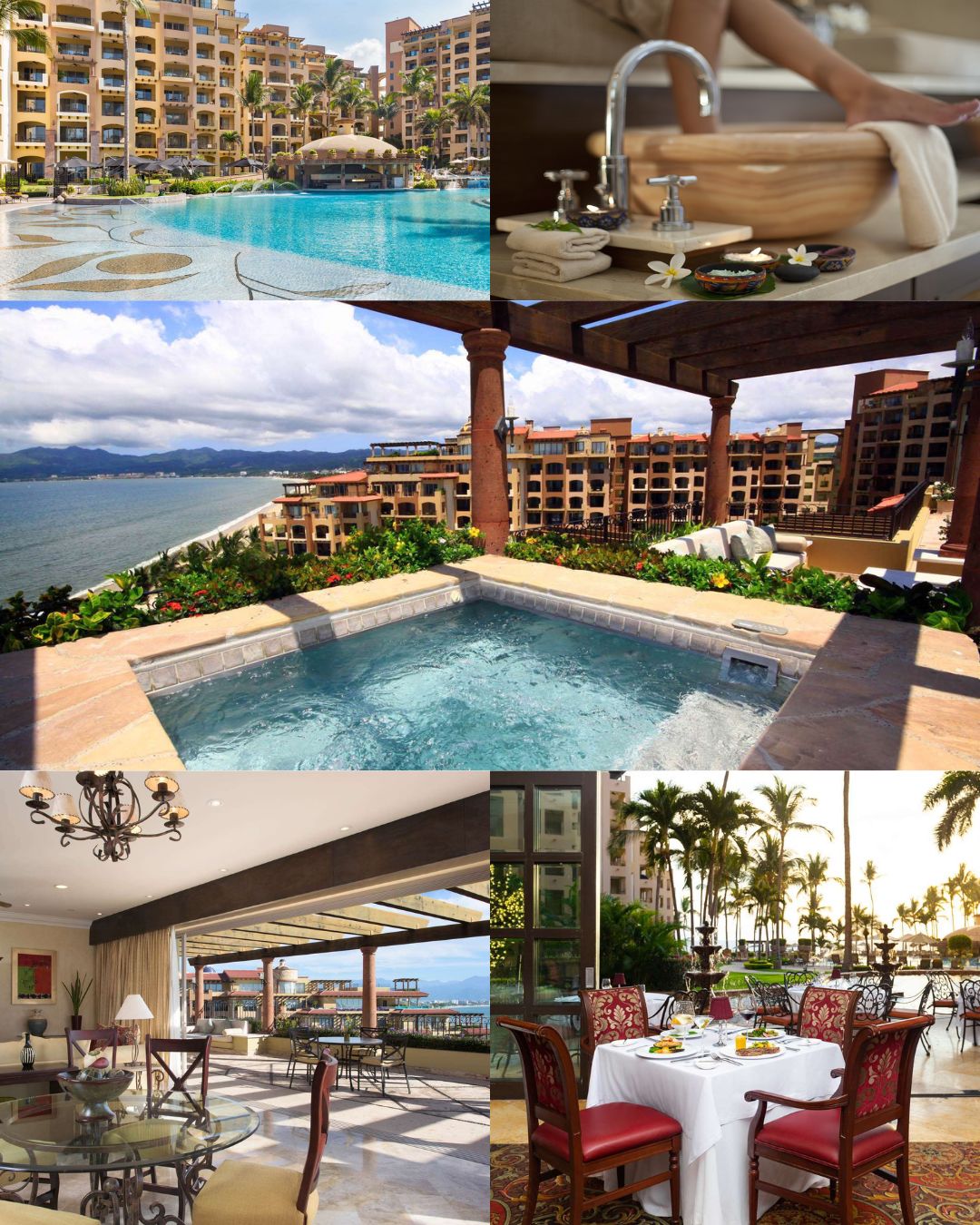 Collage of Villa La Estancia: swimming pool, spa treatment, balcony hot tub with ocean view, dining table indoors, and outdoor restaurant seating with palm trees.