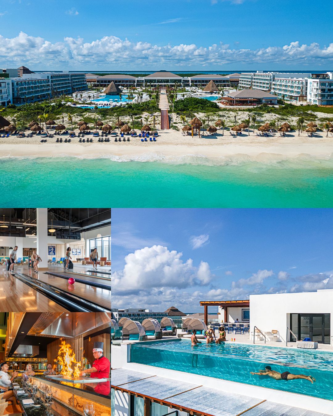Ocean Allure's pools and palm trees, lobby with luggage carts, a bar with drinks, and a rooftop pool with lounge chairs under a blue sky.