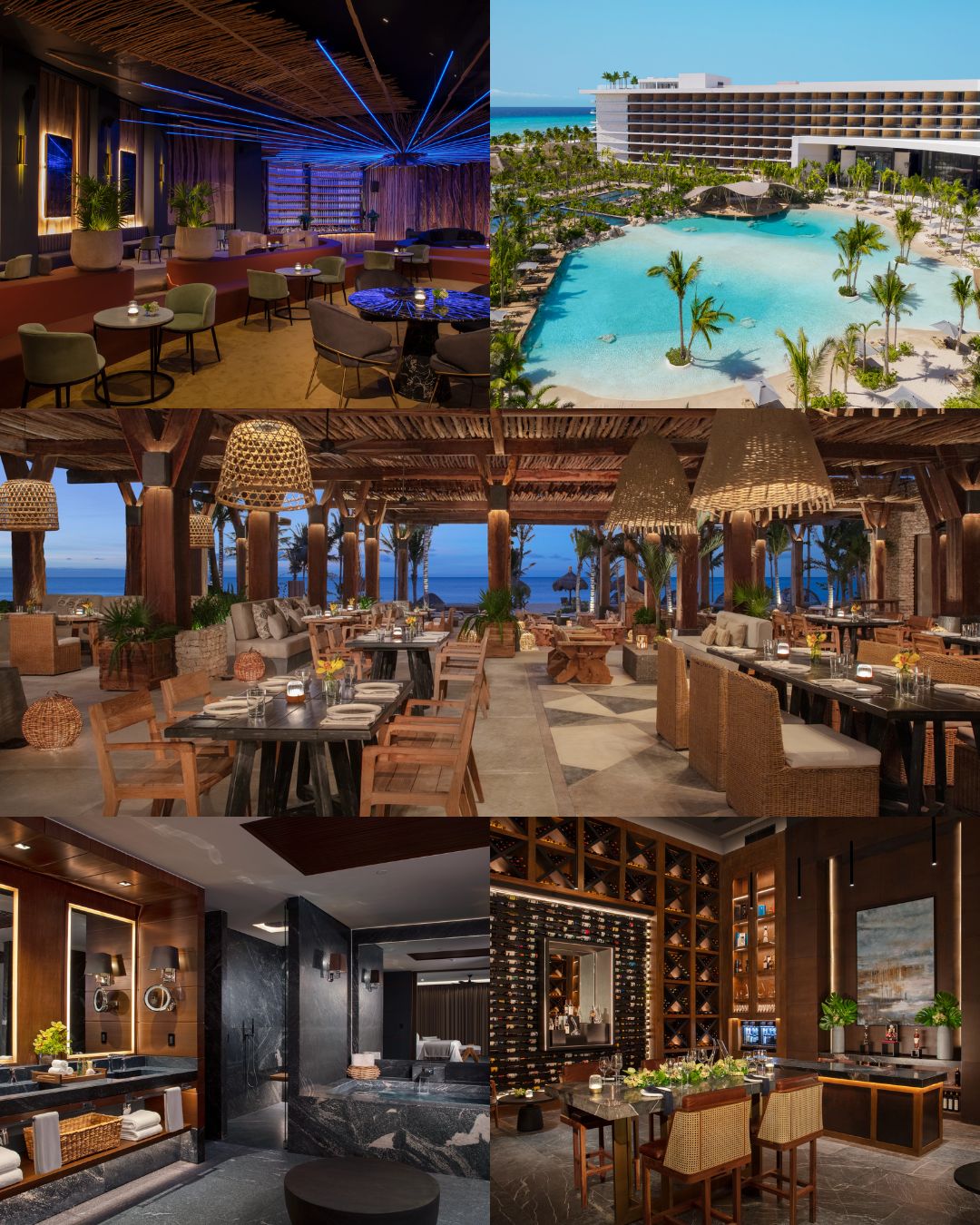 Collage of five images showing Impressions by Secrets Moxché's luxury pool, tropical outdoor dining areas, modern lounge, and sophisticated restaurant interiors.