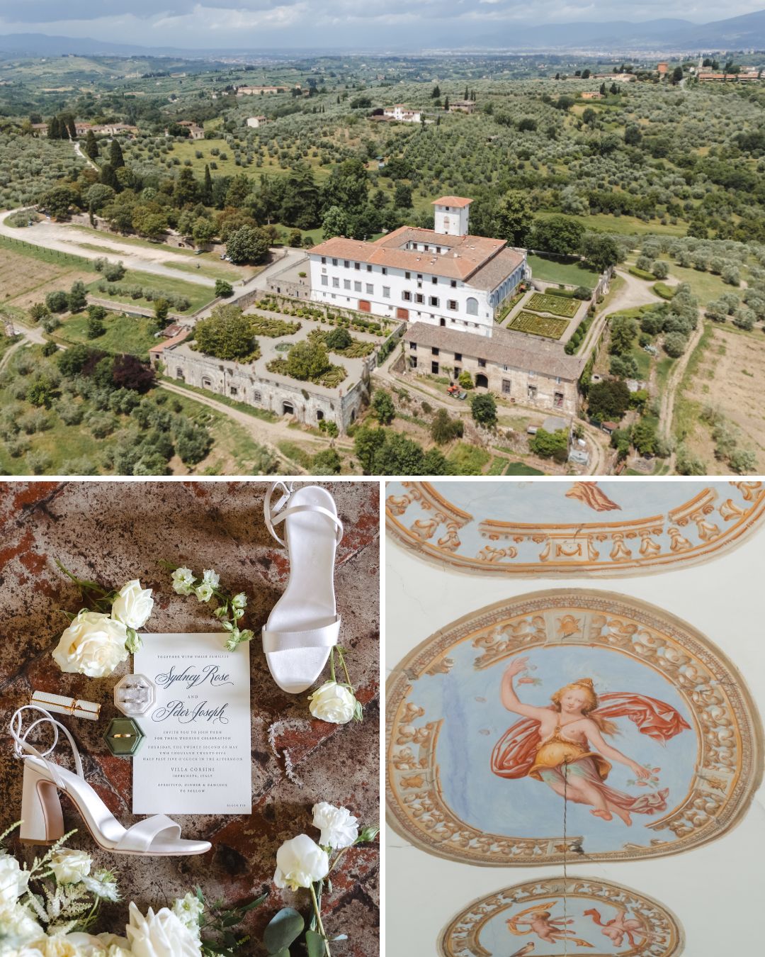 Aerial view of an estate in the countryside, flat lay of wedding invitation with shoes and flowers, and a ceiling fresco with classical artwork.