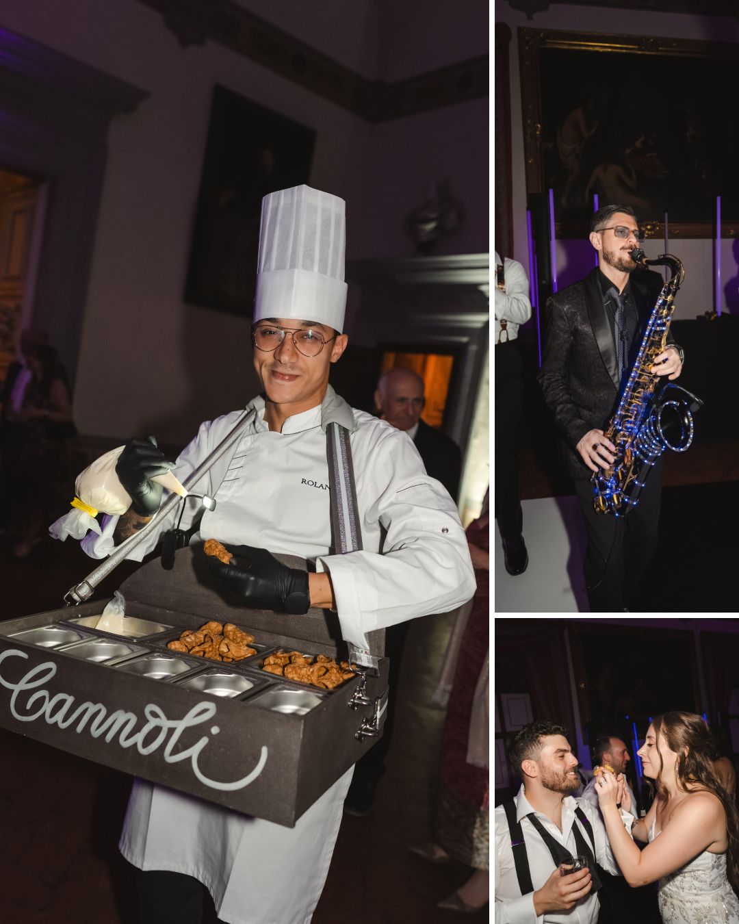 A chef serves cannoli from a tray, while a musician plays saxophone and a couple dances at an indoor event.