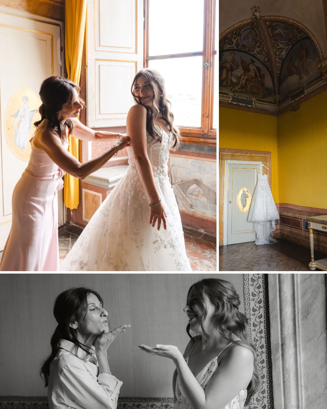 Bride in wedding dress and another woman stand by a window, pose playfully, and a dress hangs in a yellow room with ornate ceiling.