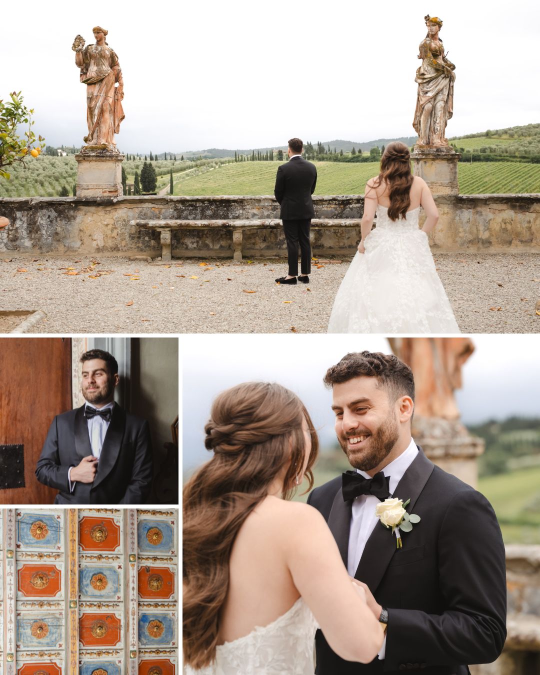 A bride walks toward a groom outdoors; later, they smile at each other. Additional images show the groom alone and a decorative tile wall.