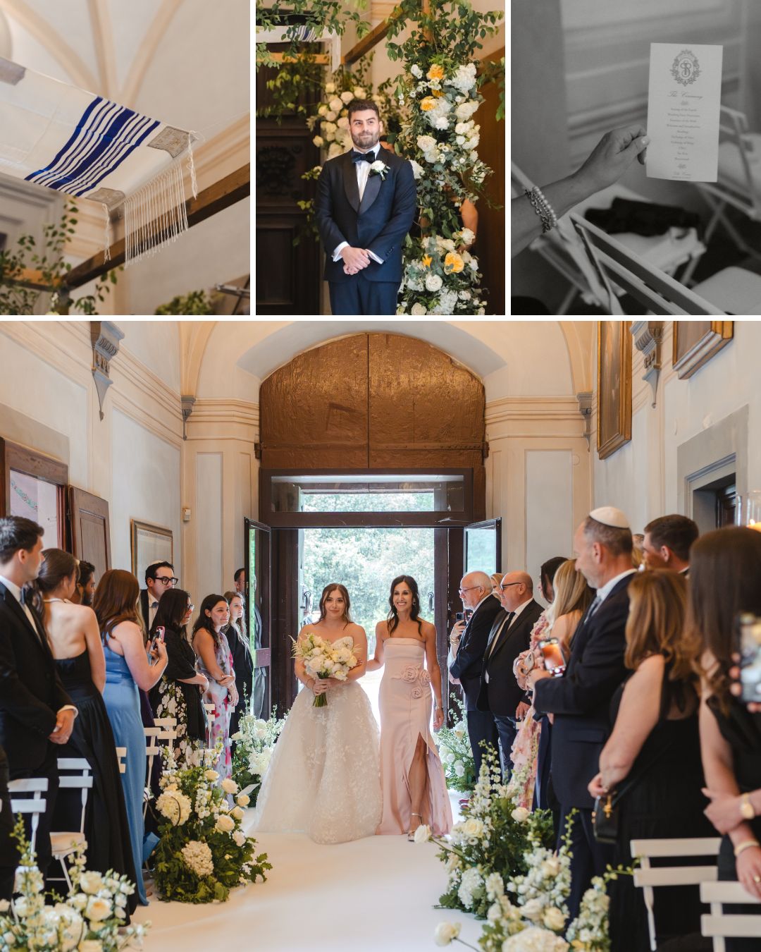 A bride walks down the aisle with two women, surrounded by guests, while a groom waits at the altar. Jewish wedding symbols decorate the venue.