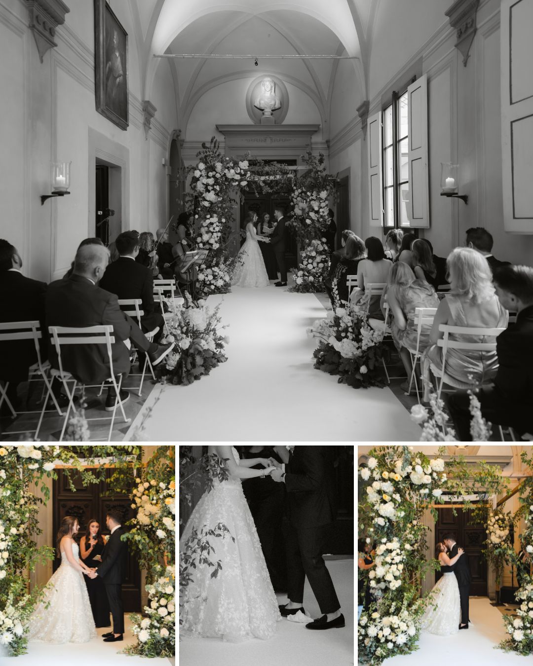 A wedding ceremony takes place indoors, with the couple standing under a floral arch as guests sit on either side; three close-up shots show the couple exchanging vows and their first kiss.