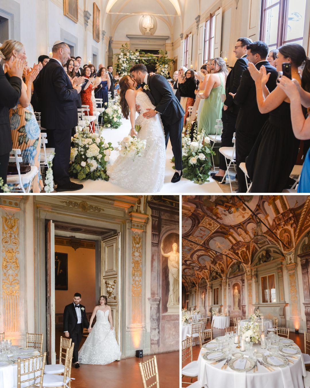 A bride and groom kiss at their wedding ceremony as guests applaud; later, they enter a decorated reception hall with elegantly set tables.