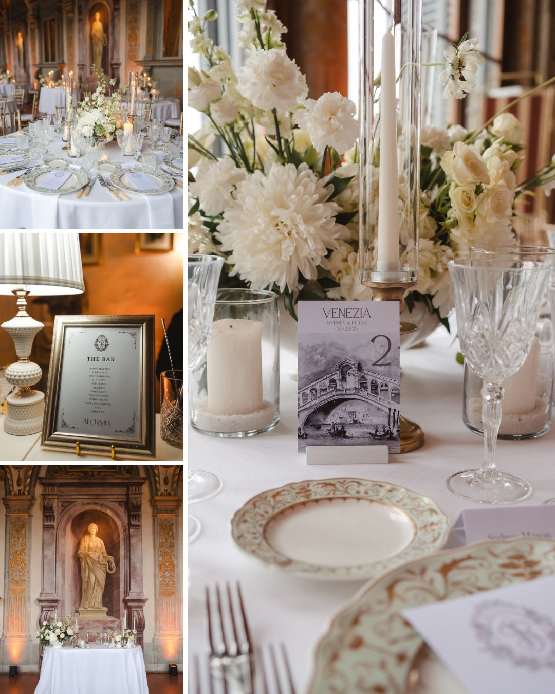 Elegant wedding table settings with white flowers, crystal glassware, ornate plates, a framed menu, and a statue in a grand, ornate room. Close-up and wide shots included.
