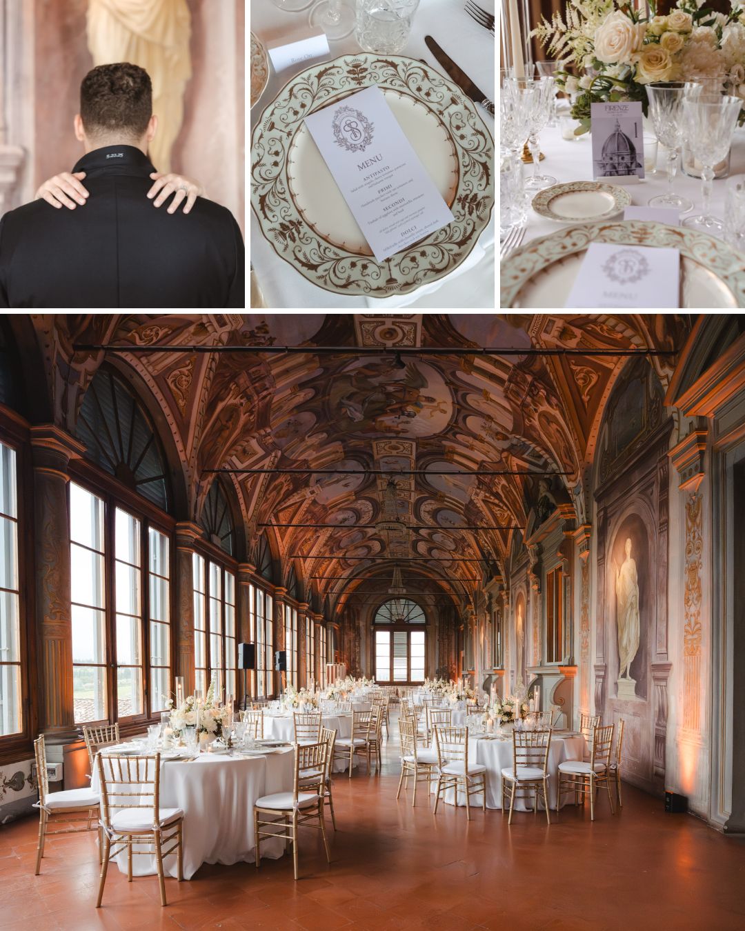 Elegant wedding reception with ornate décor, white floral centerpieces, set tables, and a couple embracing. The venue features high painted ceilings and large windows.