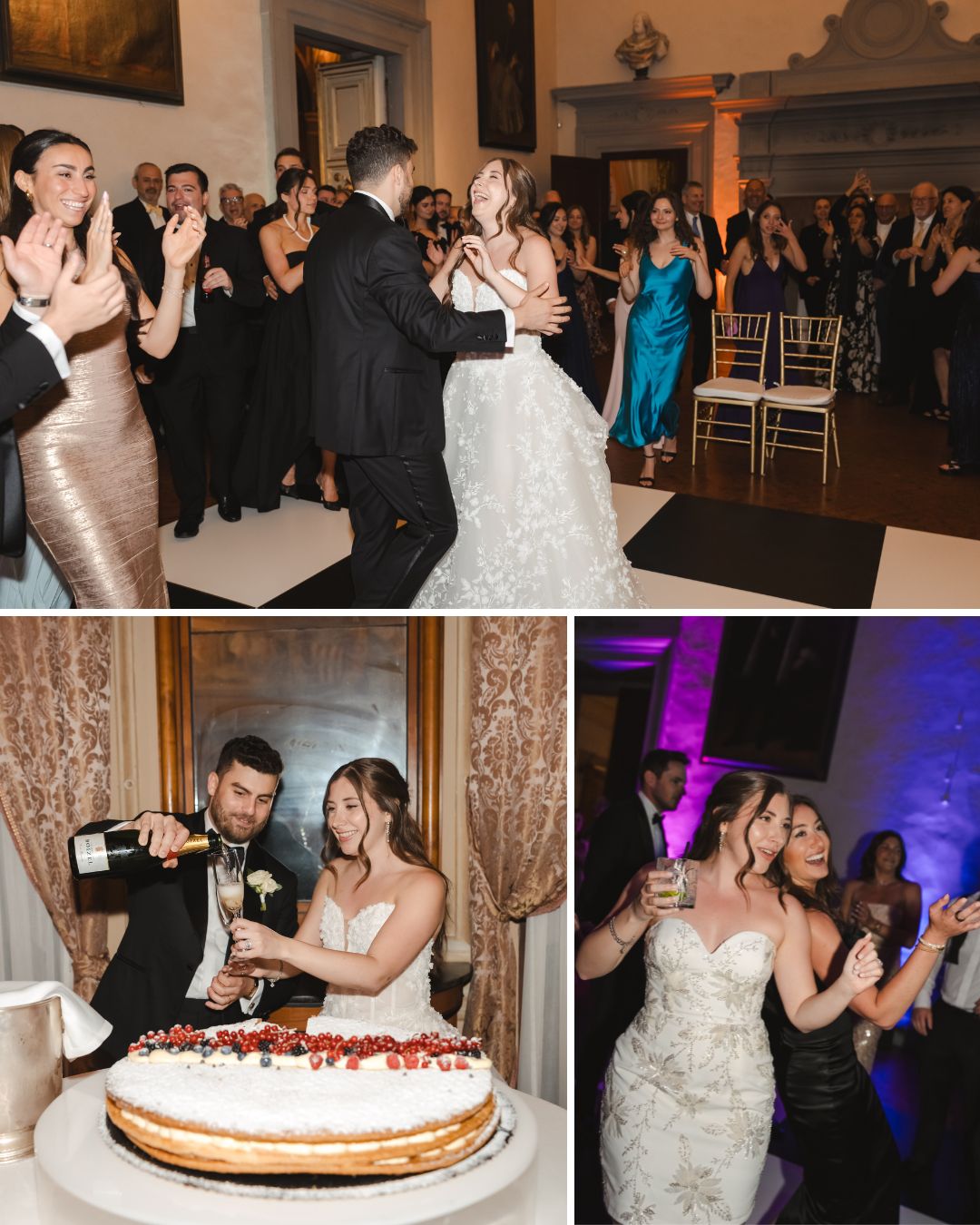 A wedding reception with a bride and groom dancing, cutting cake, and celebrating with guests in a decorated indoor venue.
