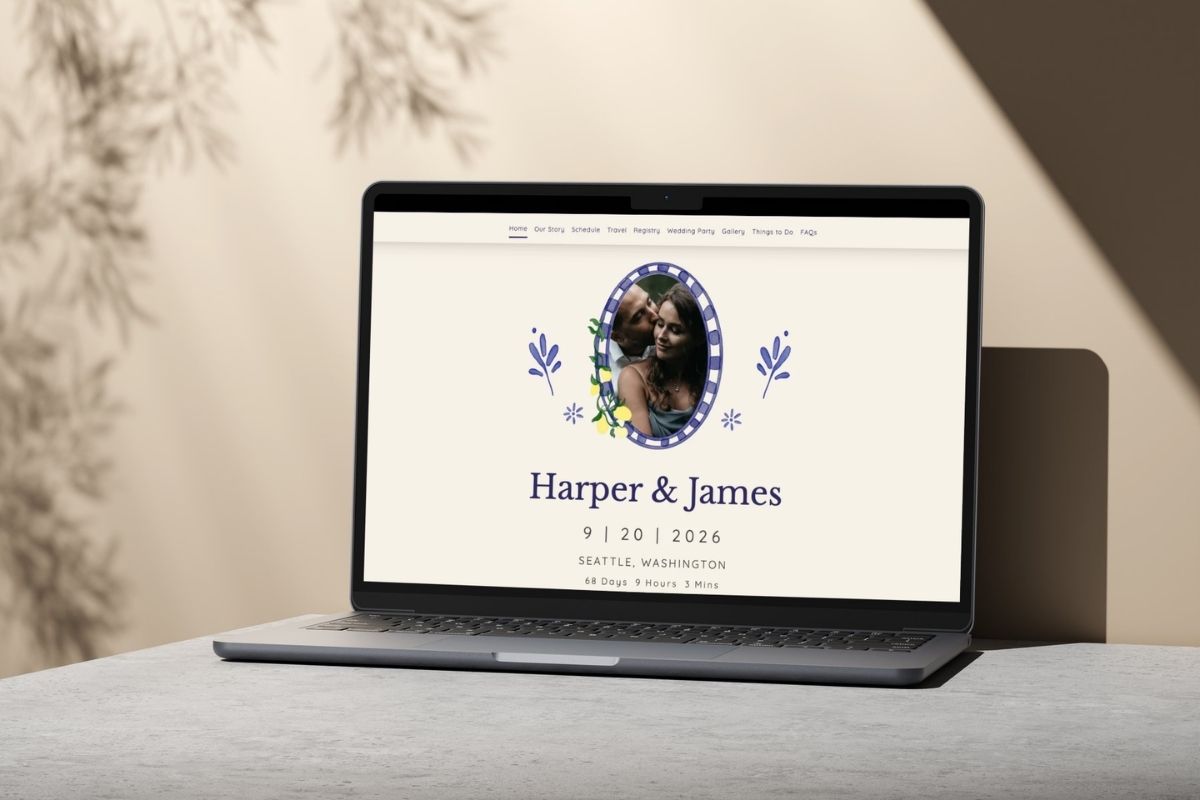 A laptop on a table displays a wedding website for Harper & James with a photo, floral accents, and event date 9.19.2024.