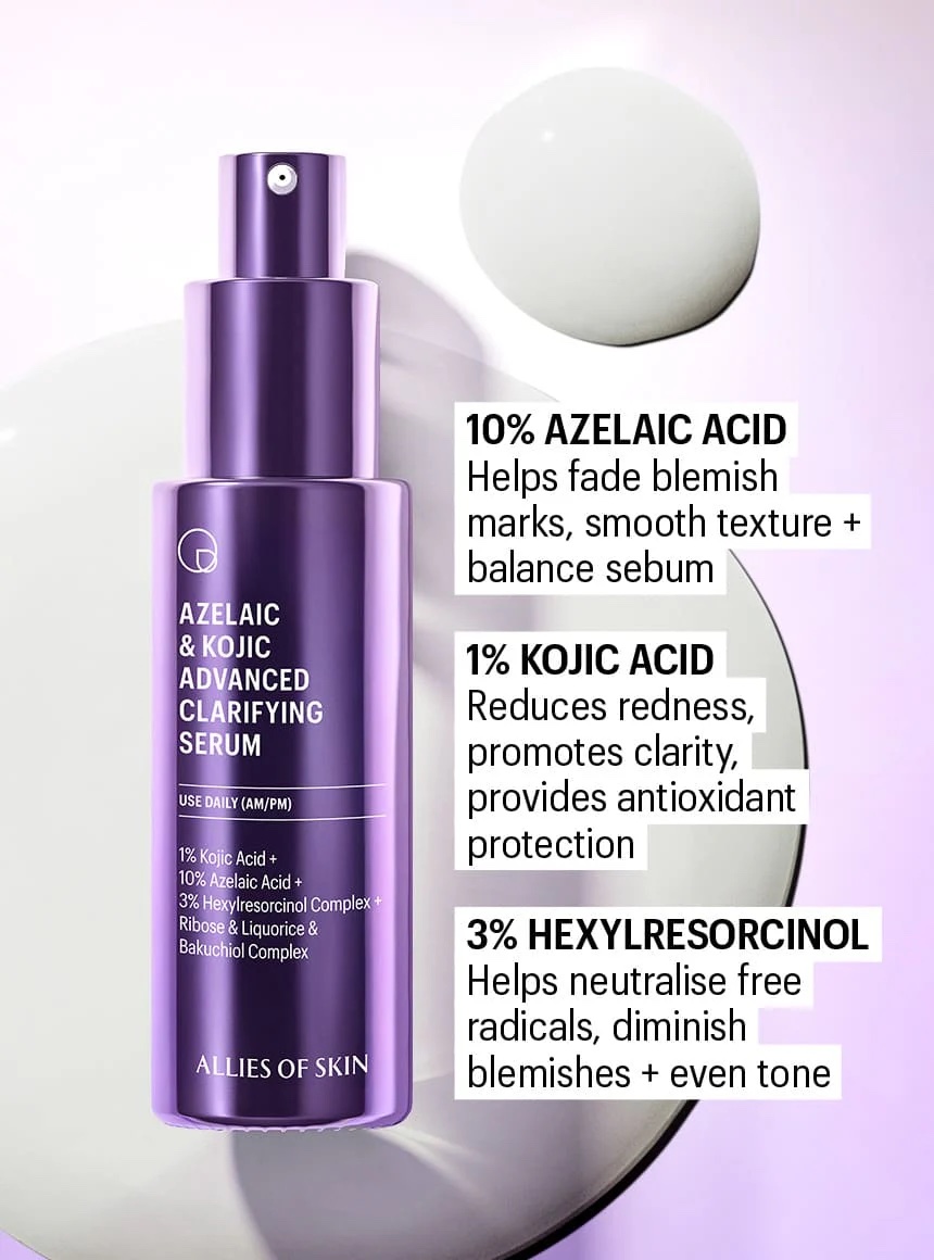 A purple bottle of Allies of Skin Azelaic &amp; Kojic Advanced Clarifying Serum is shown with a product swatch and text highlighting key ingredients and their benefits.
