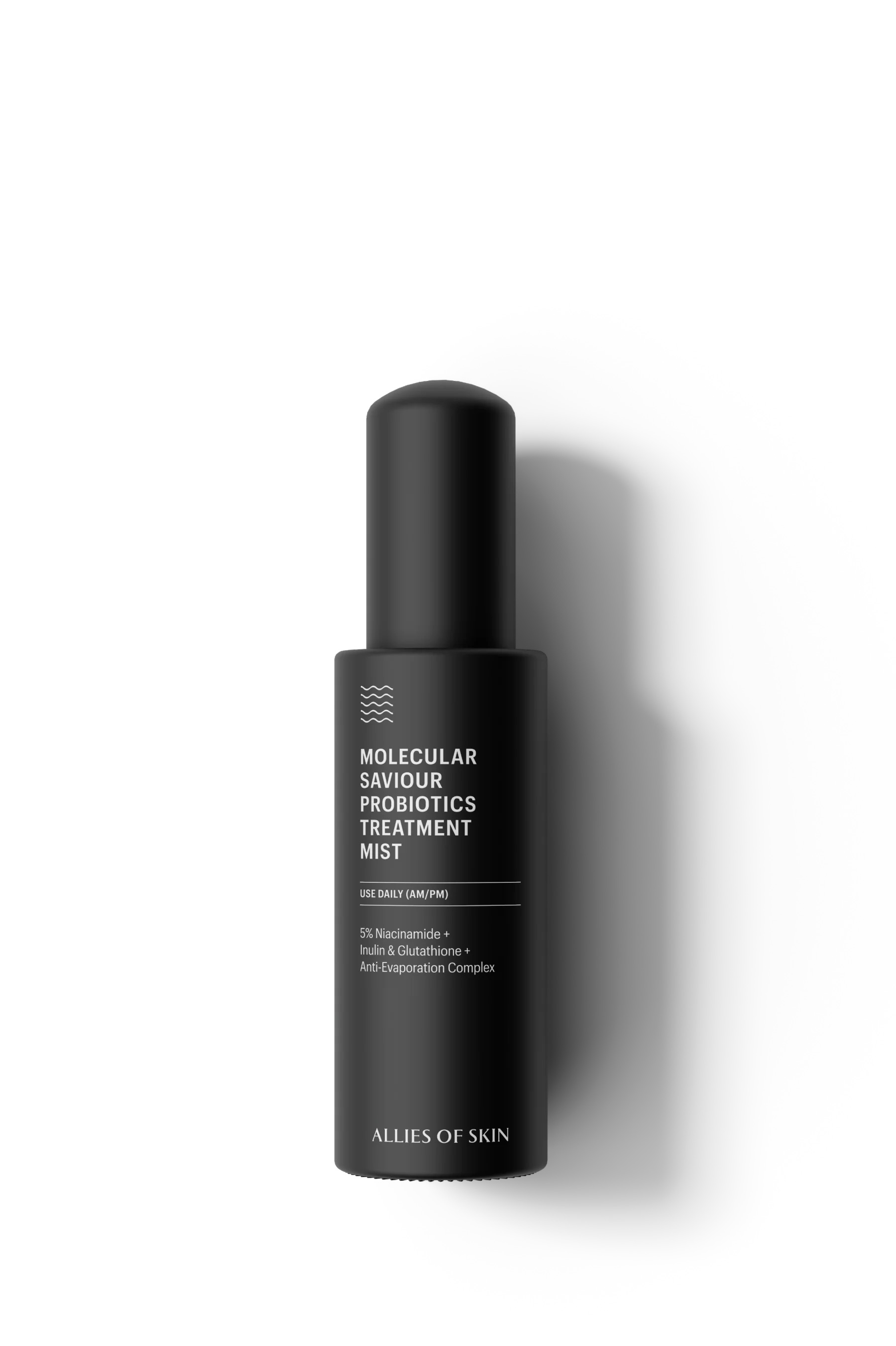 A black spray bottle labeled "Molecular Saviour Probiotics Treatment Mist" from Allies of Skin is shown on a white background.