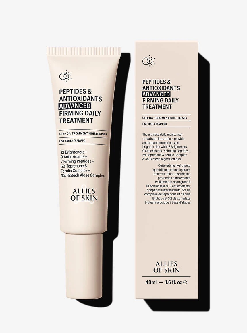 A tube and box of Allies of Skin Peptides &amp; Antioxidants Advanced Firming Daily Treatment, 45ml, displayed upright on a light background.