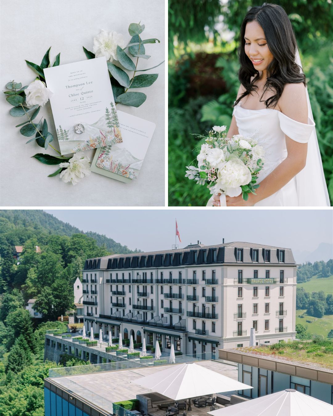 Collage showing wedding invitations with flowers, a bride holding a bouquet, and an exterior view of a large hotel surrounded by greenery.