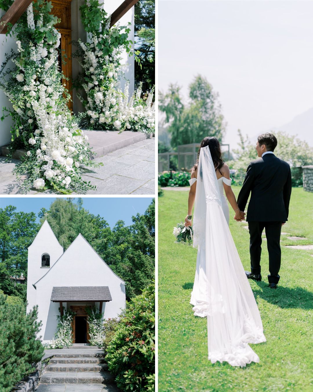 Collage of a white chapel with floral decorations and a bride and groom holding hands, walking on a grassy lawn.