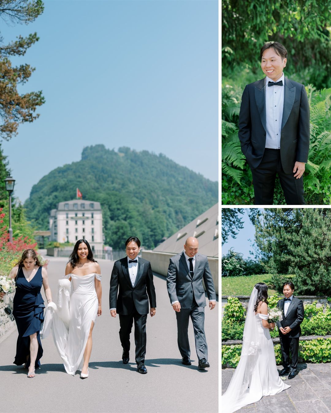 A wedding couple and two others walk outdoors; groom poses in a tuxedo, and the couple stands together in a garden setting.